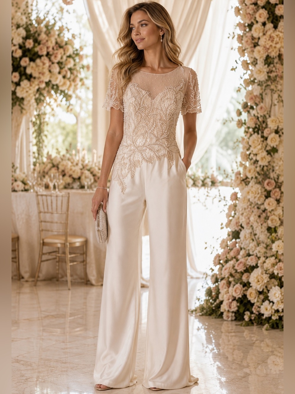 Terani Couture Cream Beaded Jumpsuit with Ivory Pants, Style #: 2027E2940